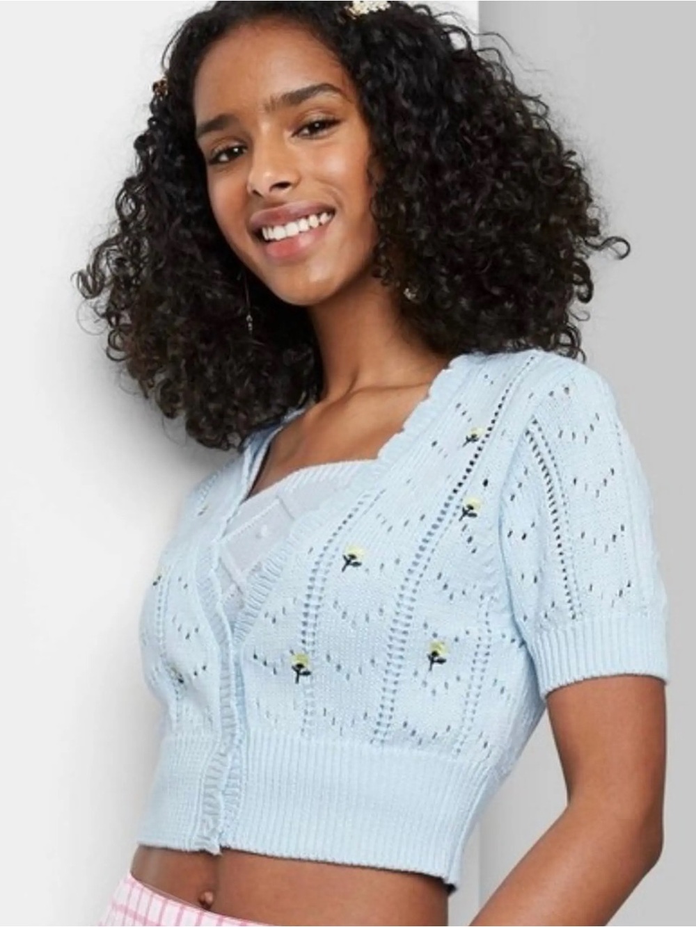 Wild Fable Blue Embroidered Cropped Cardigan XS Cottagecore Floral Knit Sweater